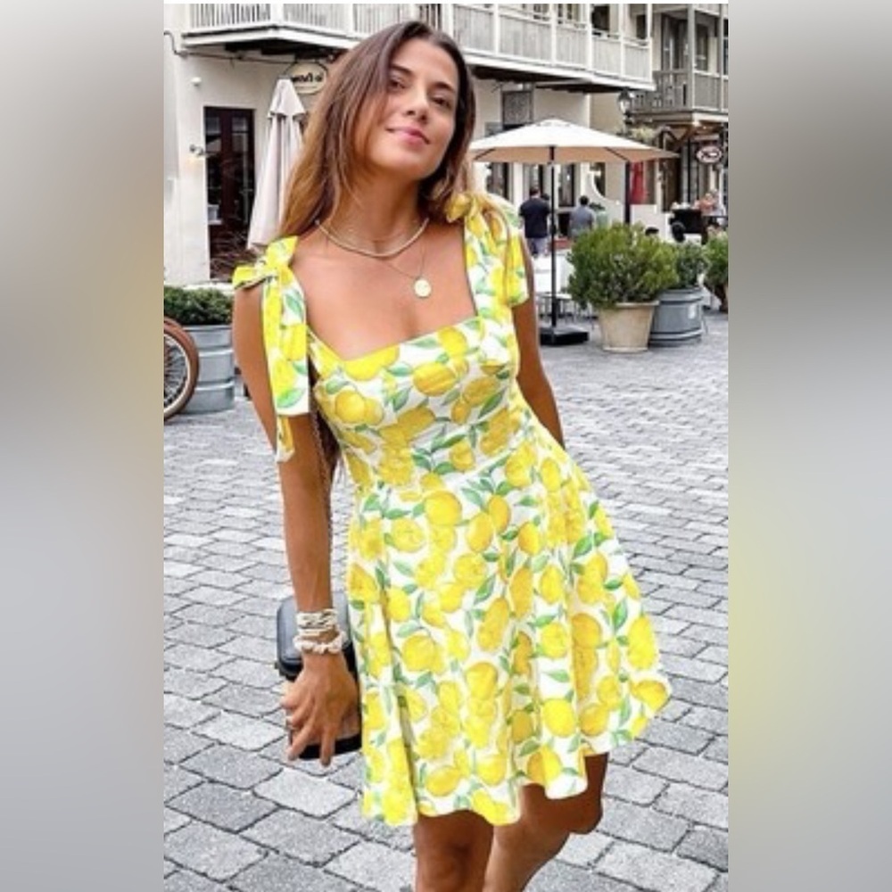Zara Yellow Lemon Print Linen Blend Mini Dress w Tie Straps Size Small